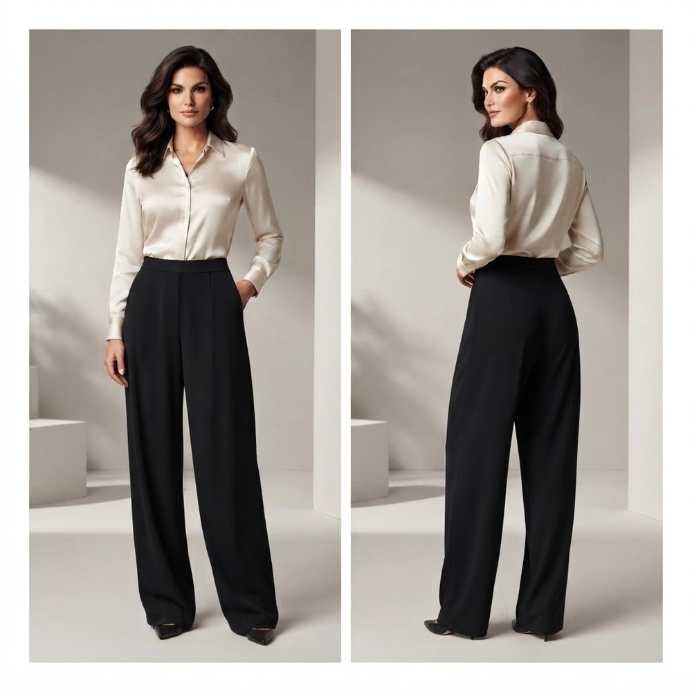 Kasper Classics Womens 10P Black Wide Leg Dress Pants High Waist Trousers Petite